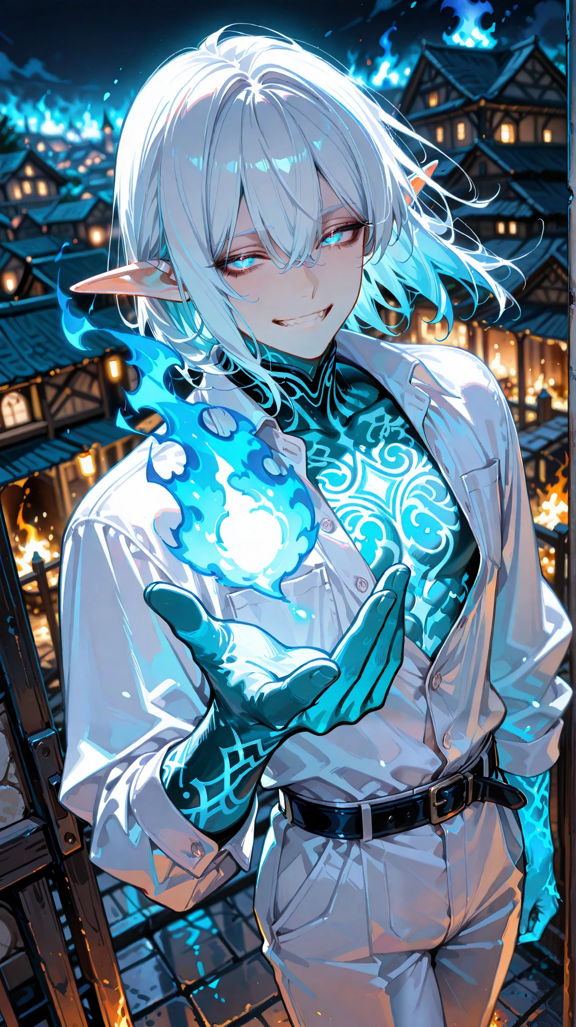masterpiece,best quality,amazing quality, detailed eyes, very aesthetic, depth of field, detailed background, 1boy, ,solo, male has ivory skin, male has long face, male has medium lenght hair, male's inner hair is blue , male has black lashes, male has squinted eyes, male has light blue eyes, white hair, male is muscular, male has short elf ears, male wearing white shirt is unbuttoned, white fancy formal pants, male wearing white shoes, male's pants belt is blue, male's eye pupils are sharp, burning village , village burning with blue-white fire dark, night, male looking at viewer, perfect eyes, perfect face, from front far angle, male walking in front of burning village, male raises one hand and blue-white fire comes from his hand, male's eyes glowing, whole village on blue-white fire, male smiling lightly, muscular body, don't show teeth, squinted eyes, half closed eyes