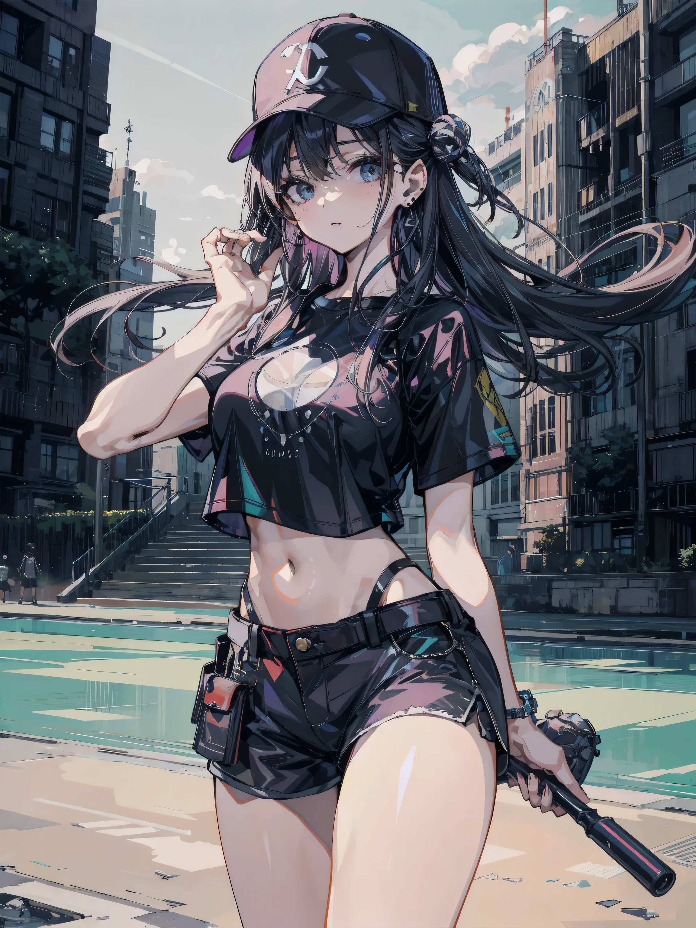 full body, solo, alone, delicate facial features, medium tits, medium hair, black hair, tearful mole, earring, shirt, navel, cleavage, street,