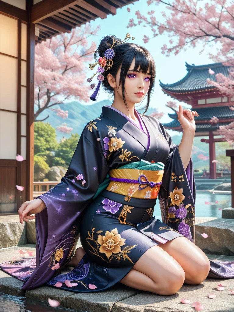 The upper part of the body、女の子1人、A dark-haired、Bun hair、mansion、Purple Eye、Gorgeous kimono、off shoulders、Very large breasts、Chest、Holding a parasol、Japan anime-style odd eye spell, rain falling