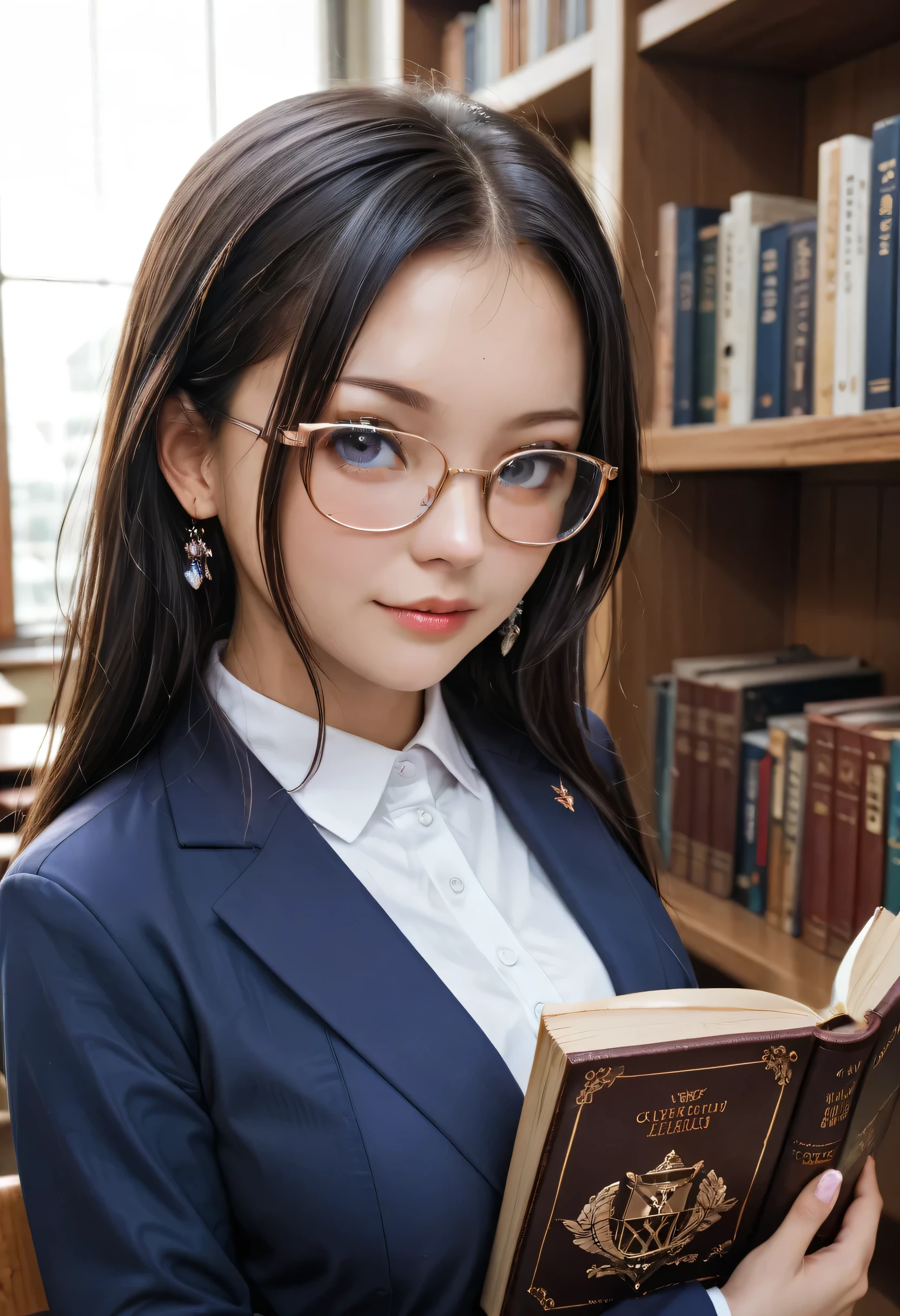 a 20 yo woman、brunet、short ponytail、Thin frame glasses、Thinking Face、(Open button shirt、Wearing medium breasts with cleavage)、sitting down、study、rest、Lying on the table、Holding a pencil、Open Books、book、milk、Table lamps、break、the in living room、Wall decoration、blonde hair, Mini Library、Glass window、Wall clock、break、Movie Light、photo-realistic、Meisterwerk、maximum quality、 Complex CG、High-definition face、High Precision Eyes、Ultra-fine face、Ultra Fine Lips、Ultra-fine eyes、Double eyelidd、super-detail, ((Sana Minatozaki))