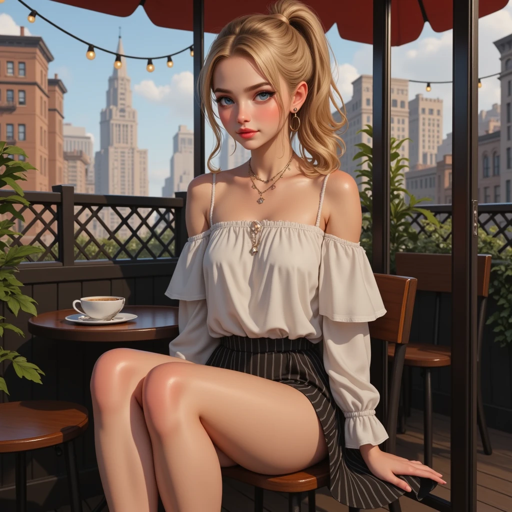 Bill Ward's art, illustration, pretty girl, long hair, perfect glass hour body, huge breasts, super small waist, vintage thin sheer. Tight sexy skirt with obvious feminine features, smiling, sitting in a street café in Paris drinking coffee, the picture is colorful and elegant