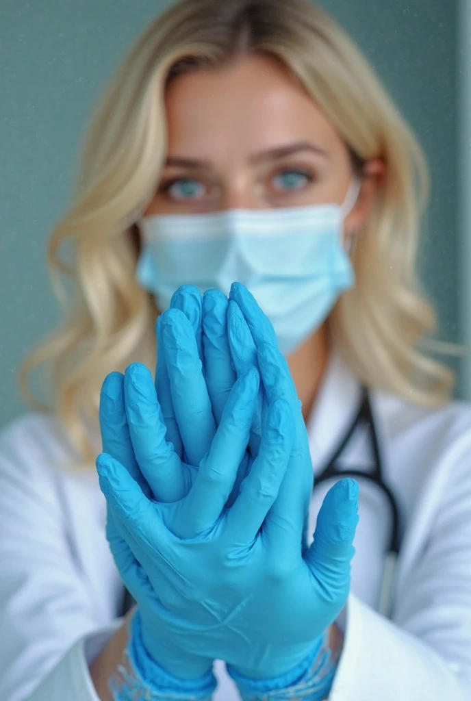 blonde Female nurse with a surgical mask putting on gloves at hospital, white nurse outfit