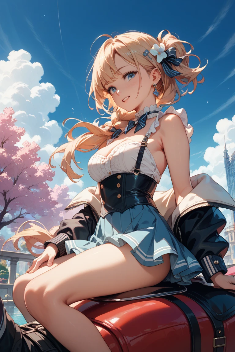 Masterpiece, Best Quality, Official Art, (Highly Detailed CG Unity 8k wallpaper), Detailed background, (Hands by Guido Daniele: 1.1), Feet out of frame, First person perspective, 1, Attractive and perfect beautiful woman, Schoolgirl, JK, schoolgirl uniform, summer, blue sky, wide sea, wind blowing, (((Flipping skirt, panties visible))), optimal ratio of 4 fingers and 1 thumb, (curvaceous) , ( White thighs: 1.12), ( Blonde long hair: 1.12), (Ahoge: 1.13), (High ponytail: 1.12), (Green eyes: 1.13), look at the beholder, big, (cleavage), beautiful face, (blush: 1.11), (smile: 1.11)