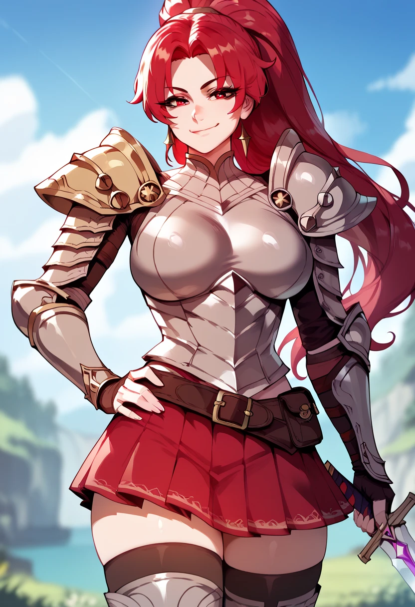 (masterpiece, best quality, ultra-detailed, high resolution, detailed eyes, detailed face detailed hair), takeda hiromitsu style, {{1woman}}, (30 years old), knight, armor, red long hair, curly hair, curvy body, large breast