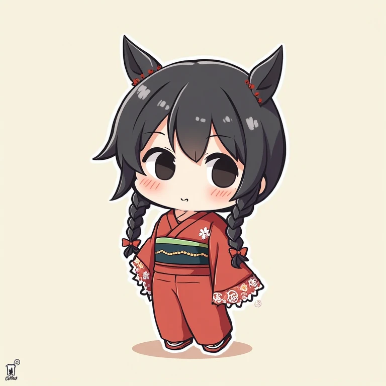 1girl with ((((long black hair))), green eyes. Big breasts, green kimono with deep decolletage,black fox ears, black fox tail, smirk, long hair, chibi style, sandals