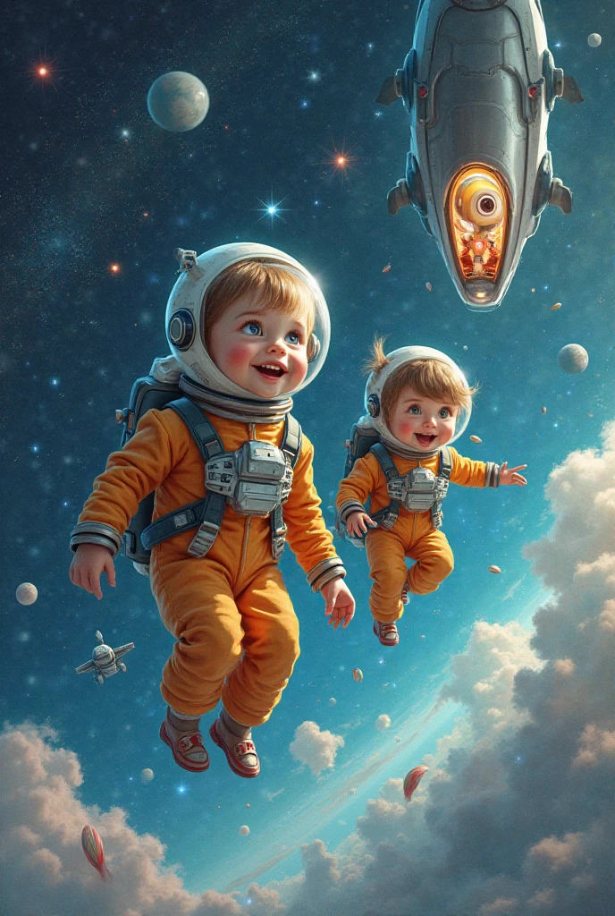 Many children wear a astronaut suit floating in space are learning about planet and spere