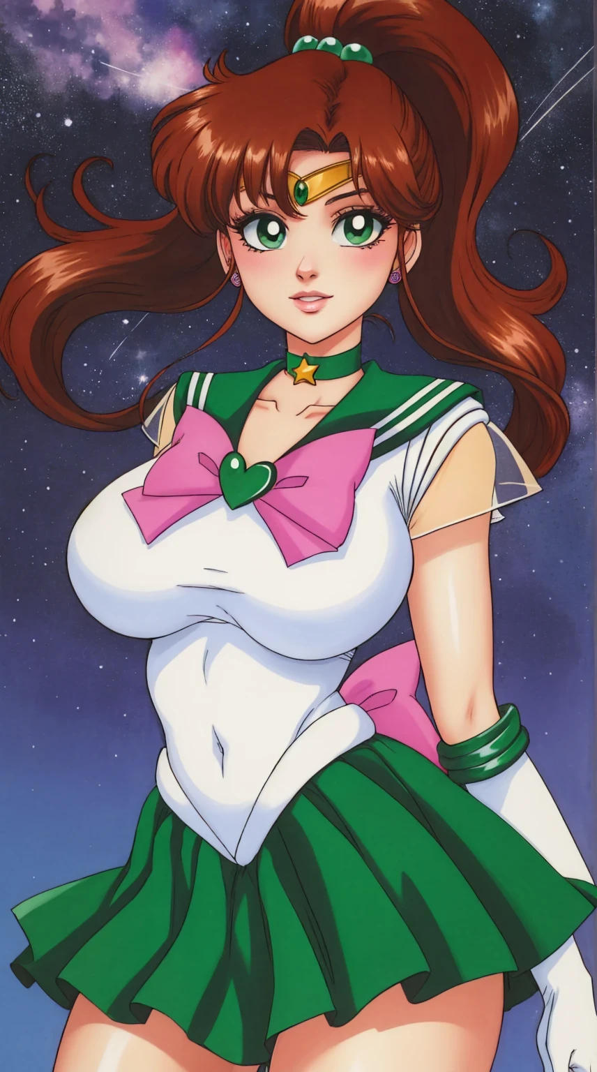 kino_makoto, huge_breasts, standing, solo, White_leotard_Green_sailor_collar_Green_miniskirt_White_gloves_Star_choker_Pink_bowtie_Pink_back_bow_Circlet_Heart_brooch_See-through_sleeves, starry_sky,, masterpiece, best quality, detailed face, detailed eyes, highres,