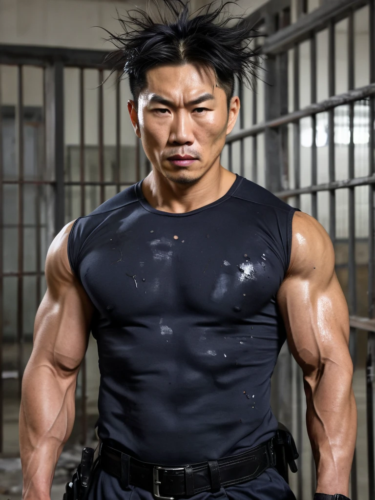 Anime style, best quality,masterpiece,Ultra-high resolution,1 person,looking at the audience,one,Yamamoto Takashi style,Countless black evil black dog beasts surrounded him,
simple background,White_background,Machinery Division,Exoskeleton,Cold-blooded adult man,toughboy style, Shirtless,trousers, muscle, tattoo