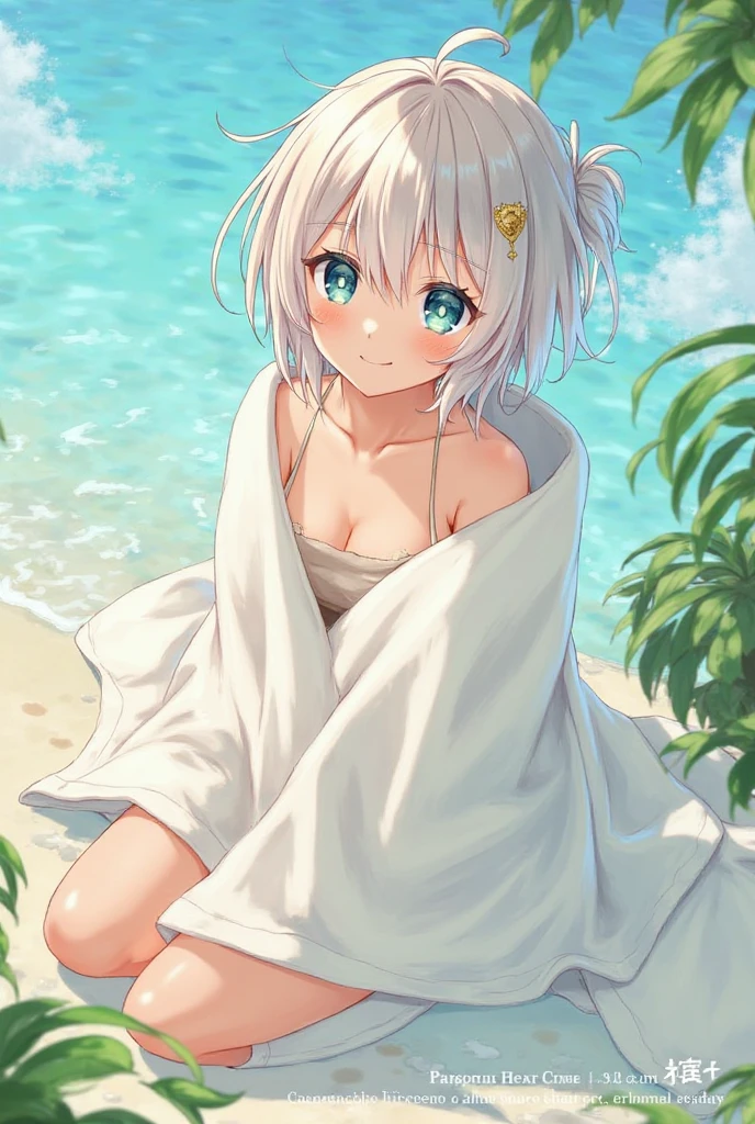 Masterpiece, 8k quality, extremely detailed, one girl, mature female, tomboy, beautiful woman with white hair and blue eyes, extremely short hair, guy hair, wearing a sundress, small-medium thighs, (((tiny breast))), perfect belly, chubby waist, pool background