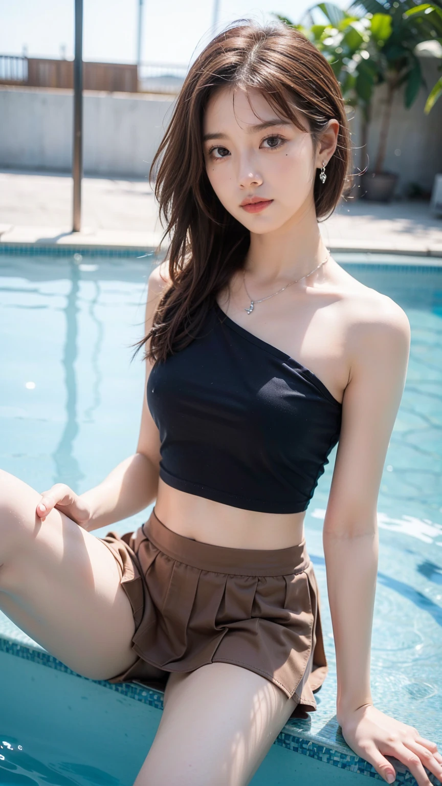 Dark brown hair、Light brown eyes、Japanese actress、 Lady、I am about 40 years old..、(Intricate details:1.2)、(Which one is on top??:1.4)、 (Ultra-high resolution:1.2)、Ultra-high resolution、(Finely tuned)、(Detailed facial features)、Hmph、8K resolution、D cup size breasts、Hair length、By the pool、Venice hotel pool、Venice hotel pool、Sitting on a beach bed iBy the pool、You can see the pool in the back、Extravagant space、relax、Crop top and skirt、The hem of the skirt flutters in the wind.、,Full body photo、Head to toe shot、lying on a beach bed、Photographed while lying on a beach bed、Lie down with your buttocks up、Accentuate your breasts、Gentle expression、