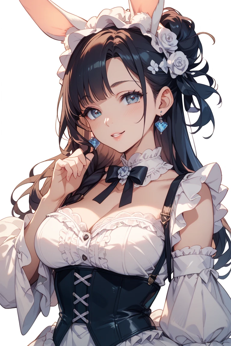 (((beautiful))), (((Gothic costume, Gothic and Lolita))), ((Black Hair, ponytail)), One Woman, Large Breasts,, Cleavage, Sweat, Glowing Skin, (((Intricate details))), High resolution, ((Intricate details, Ultra-detailed)), whole body, Are standing, (looking at viewer, look at viewer), Red cheeks, smile, Walking the Streets
