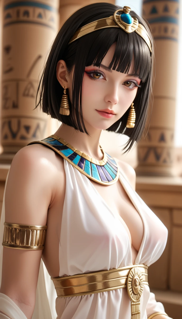 22 year old white female、hair color is black、hair is shiny、black eye、Her hairstyle is a bob cut with fringe.、accessories on wrist、wearing a necklace、has earrings、skin is smooth、Slender but muscular body、smile、is cleopatra、Wearing transparent and extravagant clothing、I am in a room with luxurious furniture in an ancient Egyptian-style building.、wearing a loincloth、Wearing Cleopatra style accessories