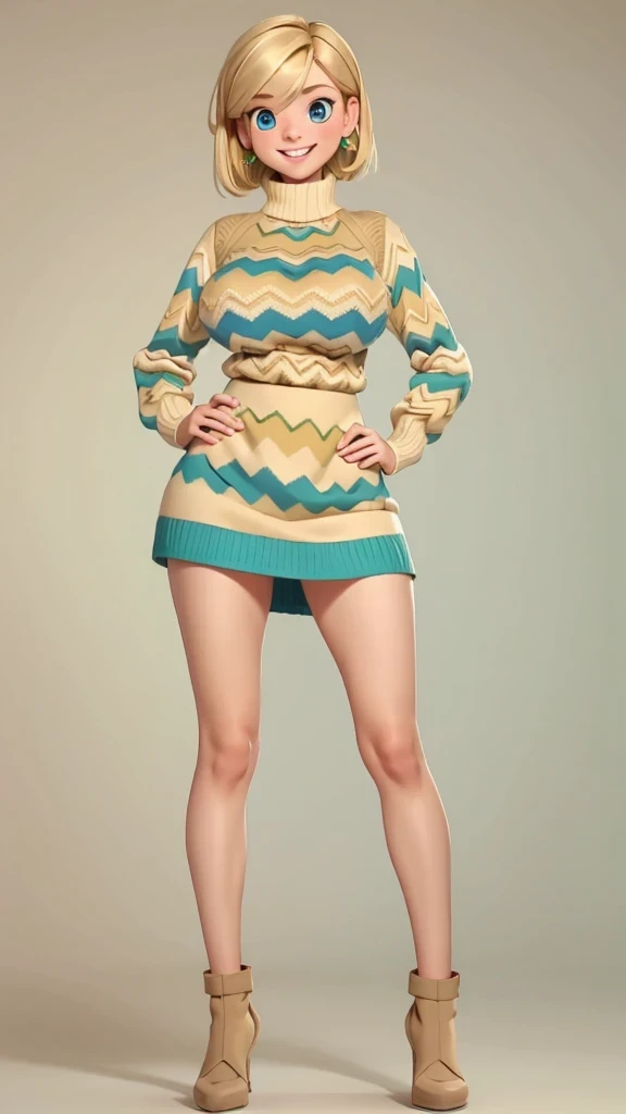 (Beautiful, huge breasts:1.4),
Blonde hair, blue eyes, smile, short hair, mini skirt, Riley as an adult, adult, full body view, full body view, multicolored chevron sweater (red, green, beige), tall, tall, peitos grandes, mostrando peitos