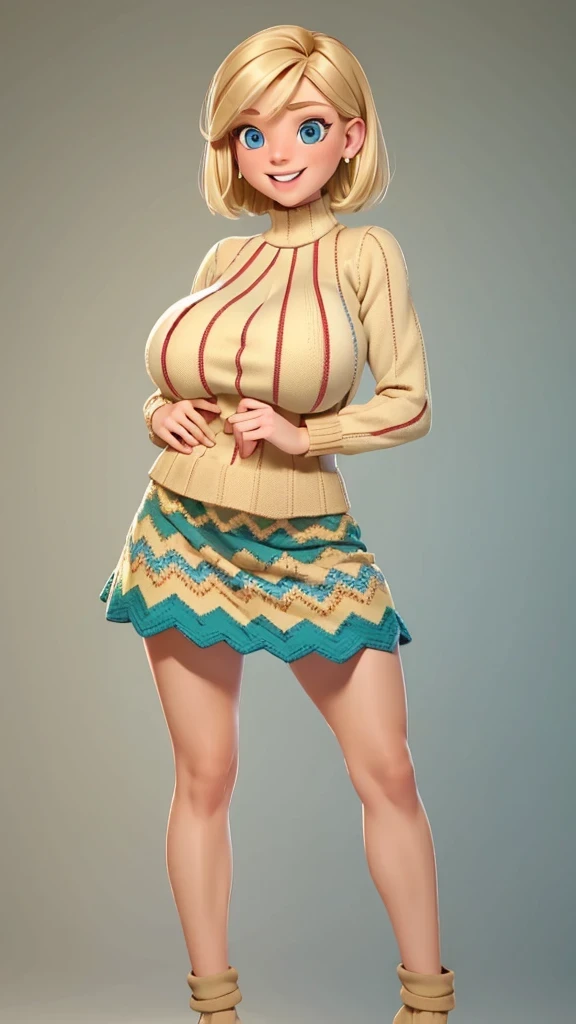 (Beautiful, huge breasts:1.4),
Blonde hair, blue eyes, smile, short hair, mini skirt, Riley as an adult, adult, full body view, full body view, multicolored chevron sweater (red, green, beige), tall, tall, peitos grandes, mostrando peitos