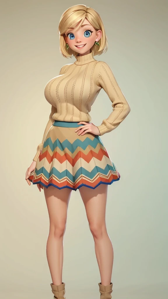 (Beautiful, huge breasts:1.4),
Blonde hair, blue eyes, smile, short hair, mini skirt, Riley as an adult, adult, full body view, full body view, multicolored chevron sweater (red, green, beige), tall, tall, peitos grandes, mostrando peitos