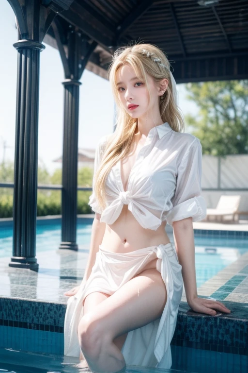 ((Highest quality))、((Very detailed))、(Detailed eyes:1.6))、((Spread legs pose:1.6))、(Huge breasts:1.4)、(Steamy sweat:1.3)、Platinum Blonde Hair、Braided hair、(Plain Shirt:1.4)、smile、splash、Beach、(Exposed areola:1.2)、Embroidered pants