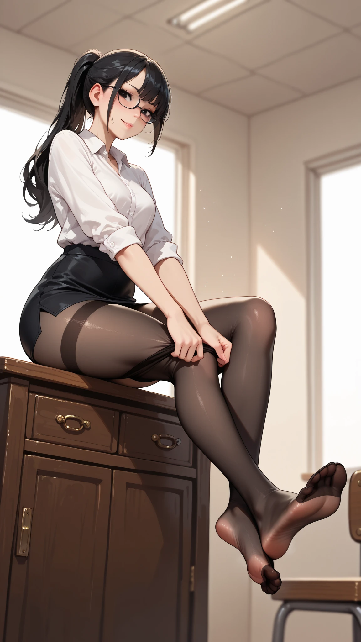 Highest quality, masterpiece, Ultra-high resolution, Film Grain, movie, One girl, View Viewer, Natural skin texture, Realistic eye and facial details, full 唇, Lip tick, (compensate), Red eyeshadow, Brown Hairロングヘアー,Korean beauty style,Feminine fashion female characters,White shirt,Black Mini Skirt,Knee-high boots,smile, Close your mouth, beautiful feet, Tall Woman, skinny, slim_feet, alone, Large Breasts,Natural pose,Brown Hair,bracelet,Similar to VIVIZ's UMJI,Korean Style,Korean,かわいいKorean,Natural Makeup,cute,Earrings,Depth of written boundary