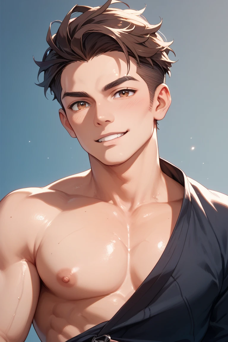 1 boy,Teen boy, happy laugh,shirtless, bare chest, (showing armpit:1.4), Smooth skin,Elaborate Eyes, ( bokeh, Out of Focus, Soft Lighting, movie lighting, God Ray, UHD)
