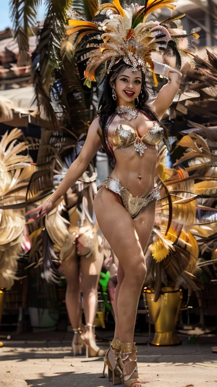 "Develop a high-resolution image, em 8k, portraying a beautiful young woman from Rio de Janeiro in all her carnival glory. She's a true muse, com um rosto perfeito e meticulosamente maquiado para o carnaval, exalando brilho e cor. Her tall, slender body is a vision of elegance, with long, well-defined legs that seem endless, dignas de uma passarela de moda internacional. Seus seios, medium-sized, are firm and perfectly shaped, while your buttocks are proportionate and stunning. The young girl is dazzlingly dressed as the drum queen, em um traje de carnaval deslumbrante, com tons brilhantes de dourado e vermelho reluzente que capturam os olhos de todos. Suas botas de salto alto fino, coloridas e brilhantes, hug your legs with elegance and grace, adding a touch of irresistible sensuality. She is standing, majestosa, on Avenida Sapucaí, the beating heart of Rio carnival, radiating confidence and charm. Arms slightly open at waist height, ela posa para os espectadores extasiados que se aglomeram nas arquibancadas, todos ansiosos para capturar um vislumbre de sua beleza deslumbrante. The atmosphere is electric, com uma energia vibrante permeando o ar, reflecting the contagious spirit of the celebration. The scene is meticulously captured by a 24mm lens, garantindo que cada detalhe, cada brilho e cada sombra, be immortalized with precision and excellence. This image is more than just a photo; It's a tribute to passion, to the culture and stunning beauty of Rio de Janeiro's carnival."