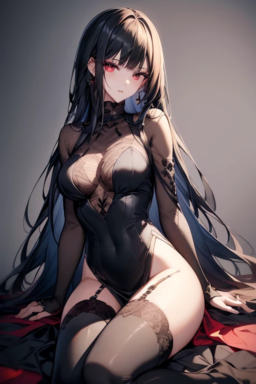 (depcit young girl), (((elegant black lace leotard))), (((transparent))), topless, dark hair, long hair, straight hair, red rose, blue eyes, thin , small breasts, nice hips, open shoulders, open pussy, (((show pussy))), shooting photo