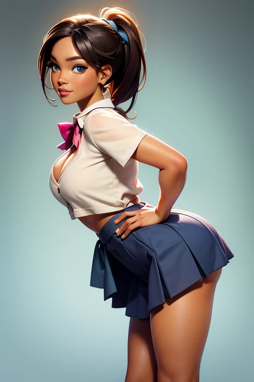 8k quality artwork Vanellope from behind dressed as a schoolgirl rear view winking with one hand on her butt with bottom up view in delicious upskirt open legs and in transparent latex dental floss thong on her bench in classroom focus on her big ass