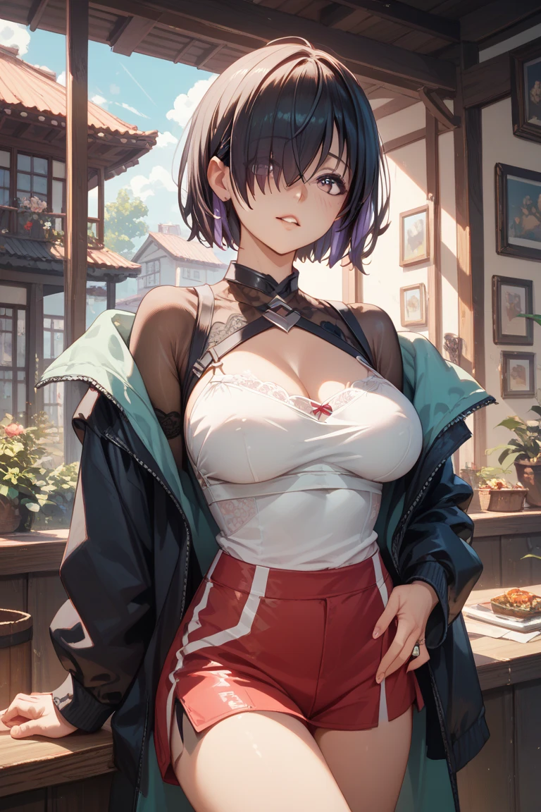 1 woman, 30 years old, perfect face, perfect eyes, MILF, mature, Bigger breasts, big breasts, slim waist, Extra long legs, sexy, porn show, only, (Bottom with: bamboo forest, dicks) She has very short black hair, standing, Sweating profusely, drenched body, seen from the front, straight hair, mostly cloudy sky, (((masterpiece)), (very detailed Unity 8K CG wallpaper), best quality, cinematic lighting , detailed background, beautiful eyes, bright, green eyes, ultra-detailed, masterpiece,), facing the camera, (upper body image), high resolution, ultra-detailed), revealing breasts, bulge, open legs, sexy posture , camel toes, hurried complexion, facade, slave collar (wearing: red baseball jacket, black leggings, sports shoes), full body, show shoes