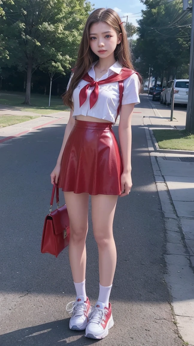 Arafed Asian woman wearing red skirt and white shirt posing for a photo, con una falda roja, muslos y falda, usar falda y calcetines altos, Ruan lindo vtuber, vestida como colegiala, Tendencias en CGVeStation, Chica anime , con falda, uniforme rojo, 8k)), Anime Thai Girl, Intrigante atuendo, con atuendo rojo