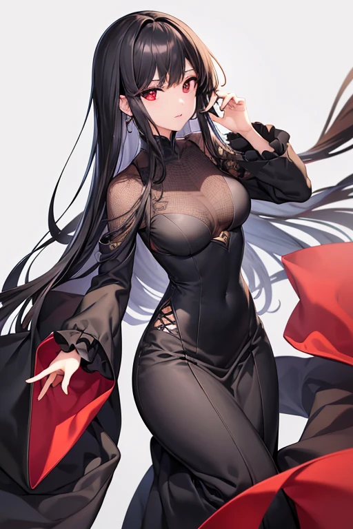 Solo,Facing the viewing angle,chiquita,Lori huge breasts cleavage,D-cups,Gorgeous black shawl,black long straight hair,Gorgeous black wedding dress,Fishtail braided hairstyle,Black colored eyes,A smug smile,Black extra-high heeled boots,stand posture,The right leg is extended forward,White background