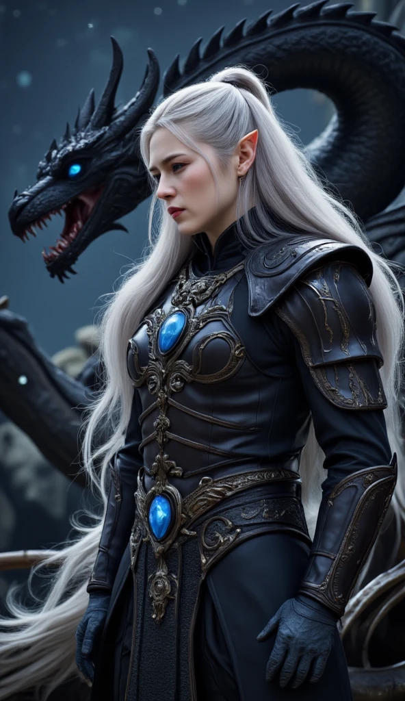 age Daemon Targaryen on a huge dragon, pale skin, swedish, silver hair, dressed