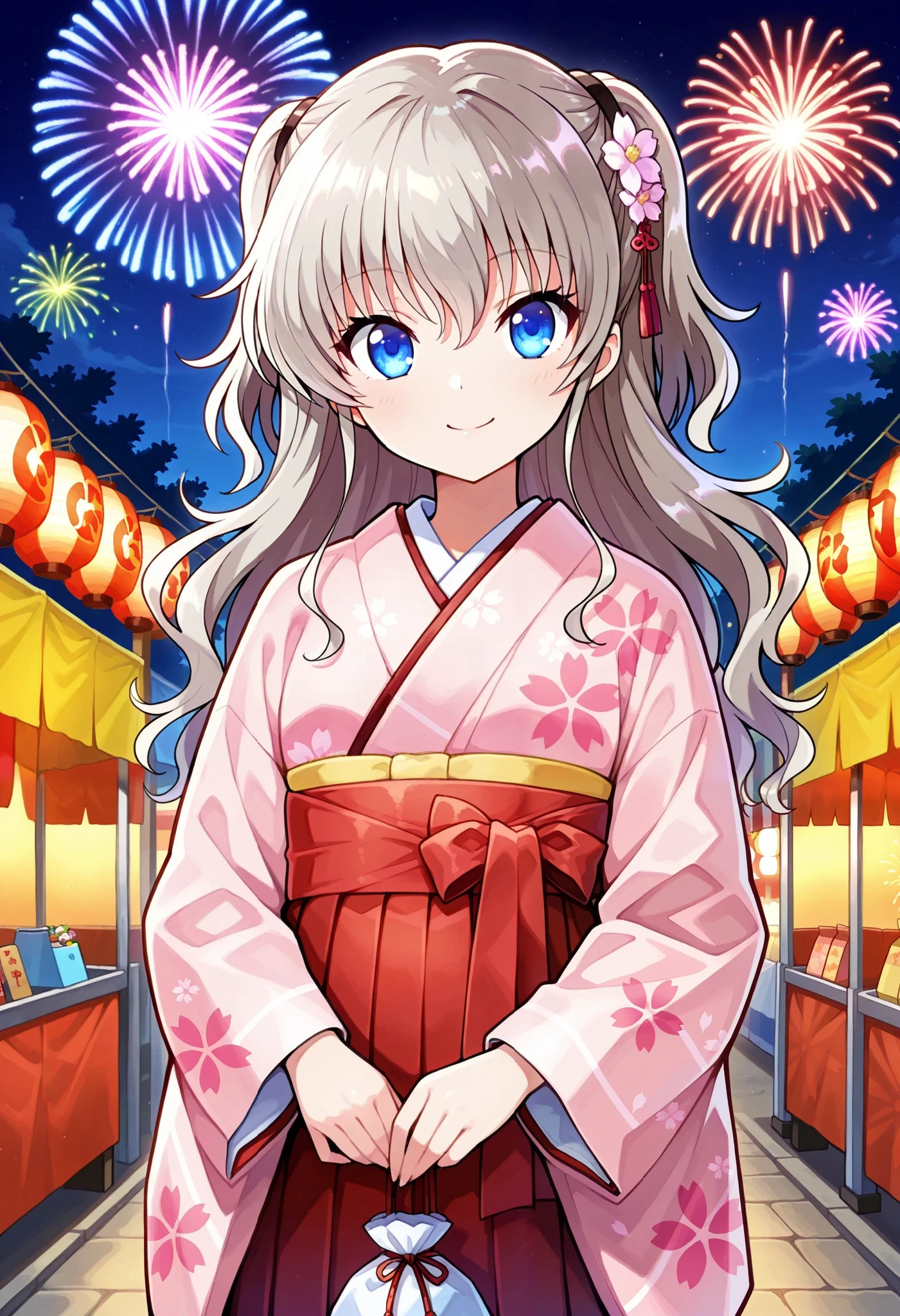masterpiece , best quality , high definition , 8k wallpaper with a sense of unity , Tomori Nao,Natural three-dimensional effect  , alone , object , Hair Accessories , ((Furusose Cherry Blossom Patterns ,Flower pattern :1.2)) , (夜空の壮大な Fireworks大会) , きらめく Fireworks , Fascinating colors  , front shot , viewers who line up with serious faces , smile , object , Anime Girls Wearing Traditional Japanese Costumes ,  Fireworks , Festival ,