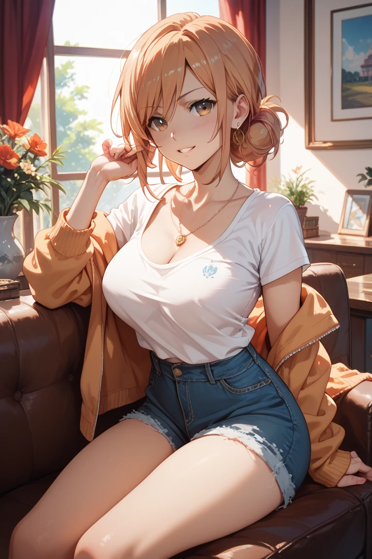 1girl, anime girl, anime, (dark skin), stylish girl, 2d girl, 18y, (fullbody), in bed, anime girl, seductive smile, (orange hair), ((white blouse)), Solo, Slim, Big Breasts, Tight Shorts, low waist shorts, upshorts, sitting on the bed, night background through the window, looking at viewer, (((spread legs))), (((Wedgie))), (((shorts))), (((absurdres))), (((thigh gap))), (((cameltoe))), (((lowleg shorts))),