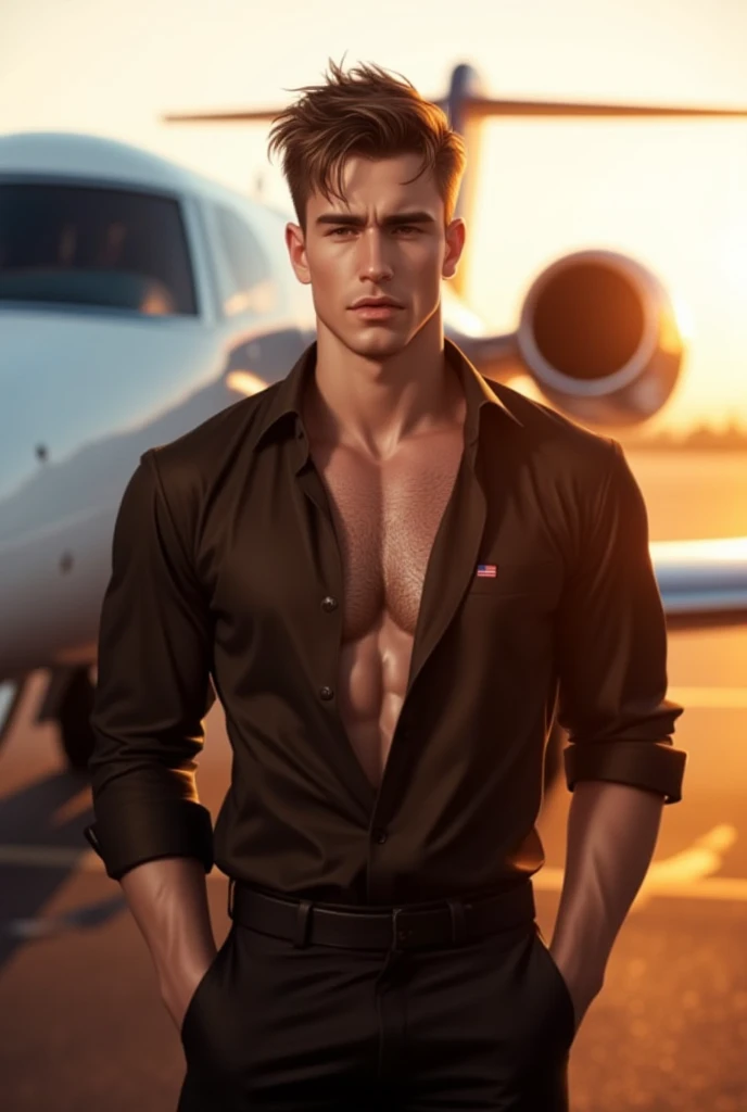 masterpiece, best quality, face, natural eyes, 1man, solo, big feet, black socks, full body, (in suits), large bulge, long legs, looking at viewer, 30 years old, muscled and mature, pilot, pilot in uniform, short haircut, blue eyes, topless, shirtless, open chest, eight-pack abs, sexy,