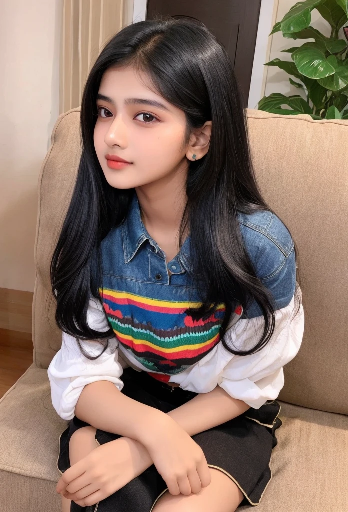 ((((8k))),((Extremely meticulous CG)) ,(wallpaper),16k,((Extremely refined and beautiful)),(((Masterpiece))),(((best qualtiy))),(((Ultra High Resolution))),beautiful light up,Perfect lightning,realistic shaded,((high resolution)),(Smooth and flawless skin:1.5),(Extremely exquisite facial details:1.2),(perfect body:1.2),(ultra-detailed),(A little child:1.5),(solo:1.2),(6-year-old:1.5),(small head:1.2),(pale skin:1.3),(messy medium hair:1.2),(bangs:1.3),(earrings:1.2),(small face:1.2),(Exquisite makeup:1.2),((slim,thin)),(laughing:1.2),(happy:1.2),(necklace:1.2),(flat chests:1.3),(shirt:1.3),(skirt:1.3),(night scene:1.5),(In the living room:1.3),(indoor:1.3),(Furnitures,Household Electric Appliances, TV),(detailed background:1.5),(standing:1.3),(upper body:1.3),(from front:1.2)