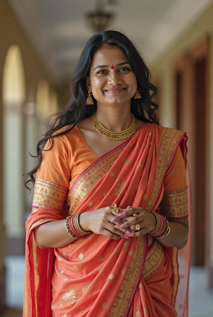 Beautiful woman,  pink saree south Indin saree, wearing heavy jewelry, in front of traditional South Indian house ,hill background, dark cloud
