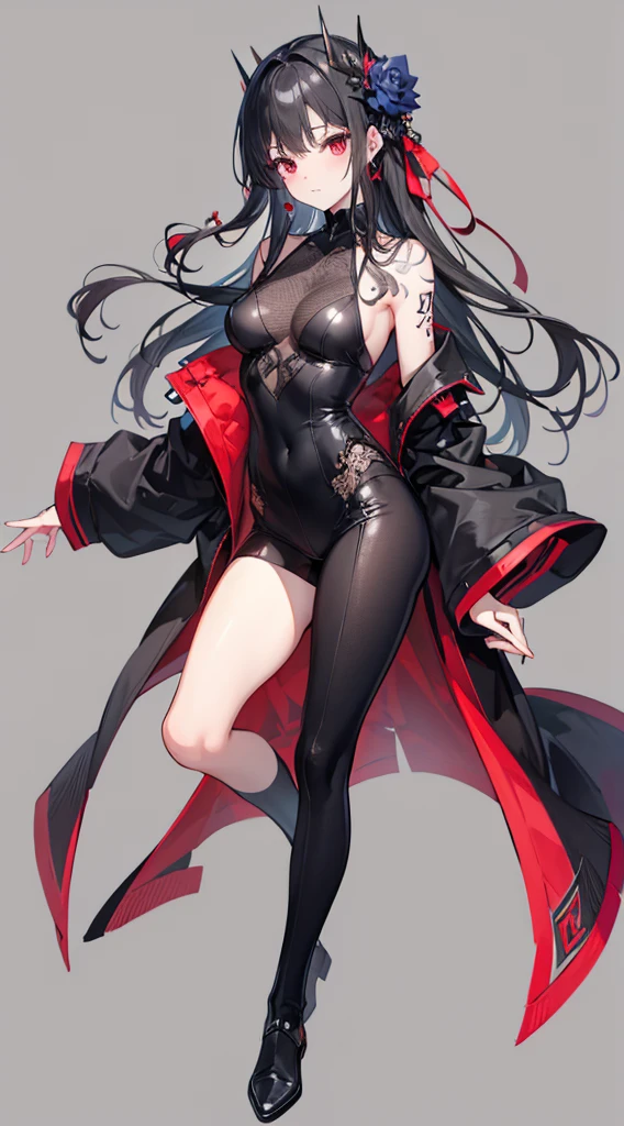 Girl, 20 years old, with long white hair down to below her waist, a serious yet tender expression, and red eyes. Her hair features black streaks. She wears antique-style clothing, a long black dress with a slit on the legs, and high black boots that almost reach her knees. Her power and background are related to shadows and darkness. dark escense, figth stance