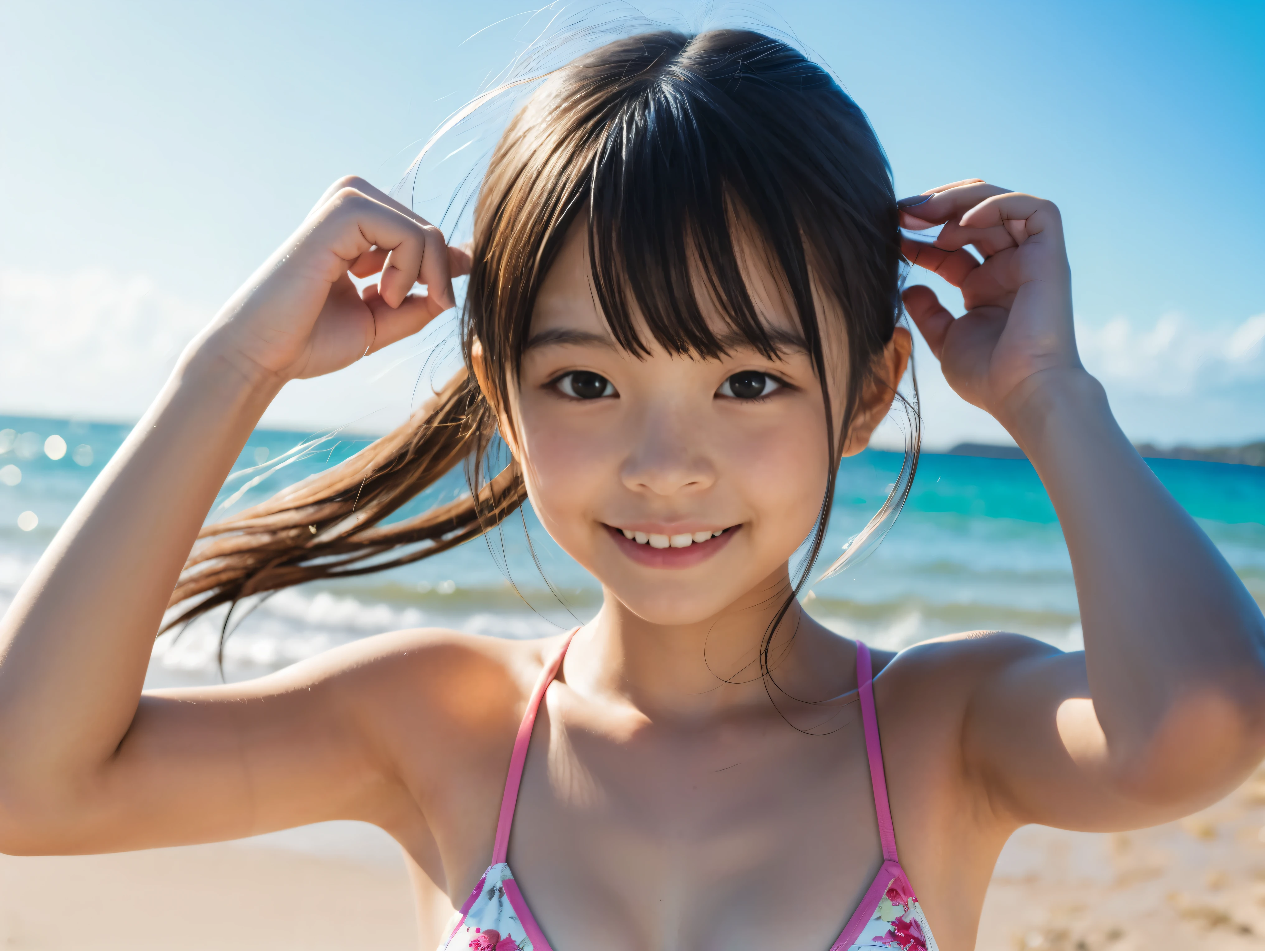  on top，Looking down，from below，White light panties，Crotch view，Mocking expressions，Smiling，White light bandeau，Large angle upward view，Sky background or ceiling background，bottom angles