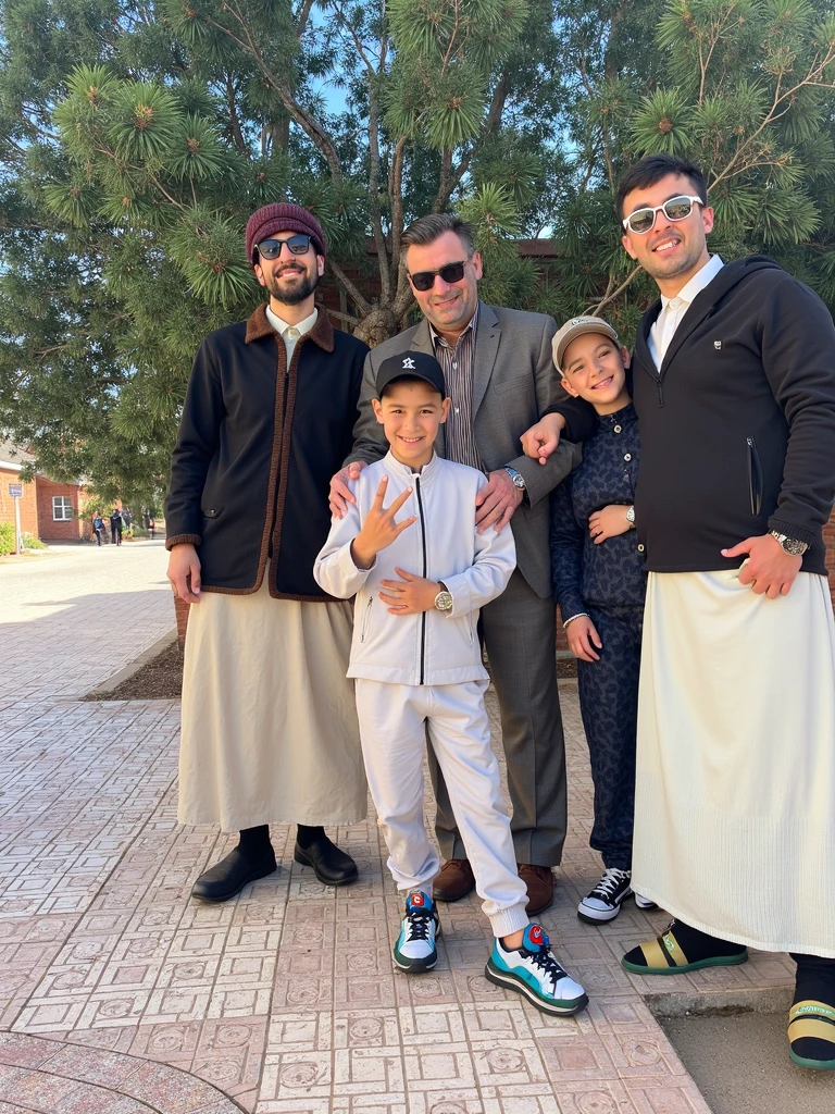 a saudi man in traditional saudi clothes standing next to his son and daughter in school uniforms, school background, (best quality,4k,8k,highres,masterpiece:1.2),ultra-detailed,(realistic,photorealistic,photo-realistic:1.37),highly detailed faces and expressions, beautiful detailed eyes,beautiful detailed lips,extremely detailed eyes and face,longeyelashes,traditional saudi architecture,school building,intricate details,vibrant colors,dramatic lighting,cinematic composition