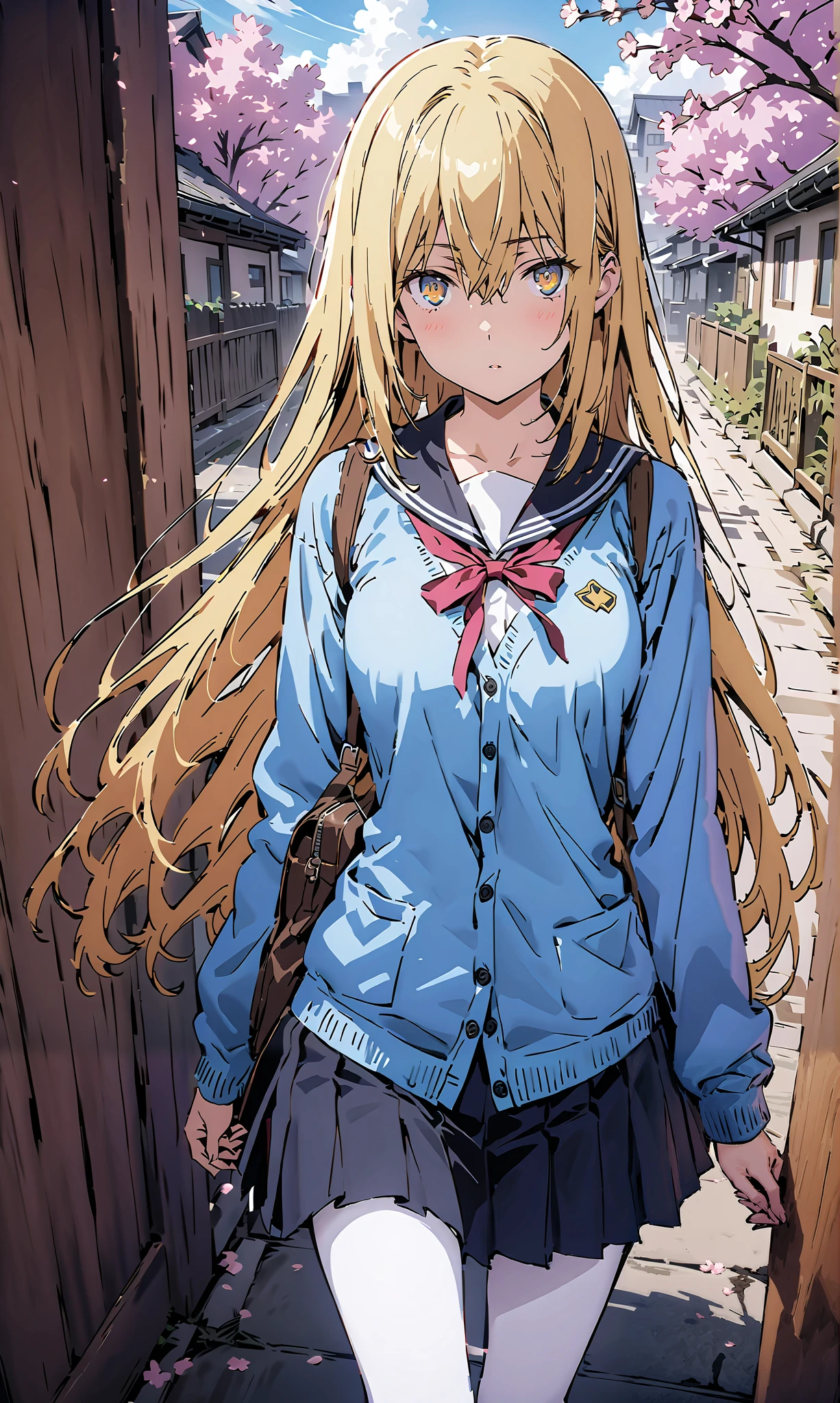 score_9, score_8_up, score_7_up, source_anime,Eyes Wallenstein, Eyes Wallenstein, blonde hair, hair between eyes, headband, long hair, , and the eyes are,Black sailor suit,long sleeve,blue cardigan,black pleated skirt,white pantyhose as if it were in the illustration,loafers,Student bag 1 :1,is walking,morning,cherry blossoms,School building,Trail,full bodyがillustrationsに入るように,break indoors,school gate,
break looking at viewer,full body,
break (masterpiece:1.2), best quality, high definition, Unity 8k 壁紙, (illustrations:0.8), (beautiful detailed eyes:1.6), Highly Detailed Face, so that it fits into the illustration, extremely detailed CG, (Perfect Hand, PERFECT ANATOMY),