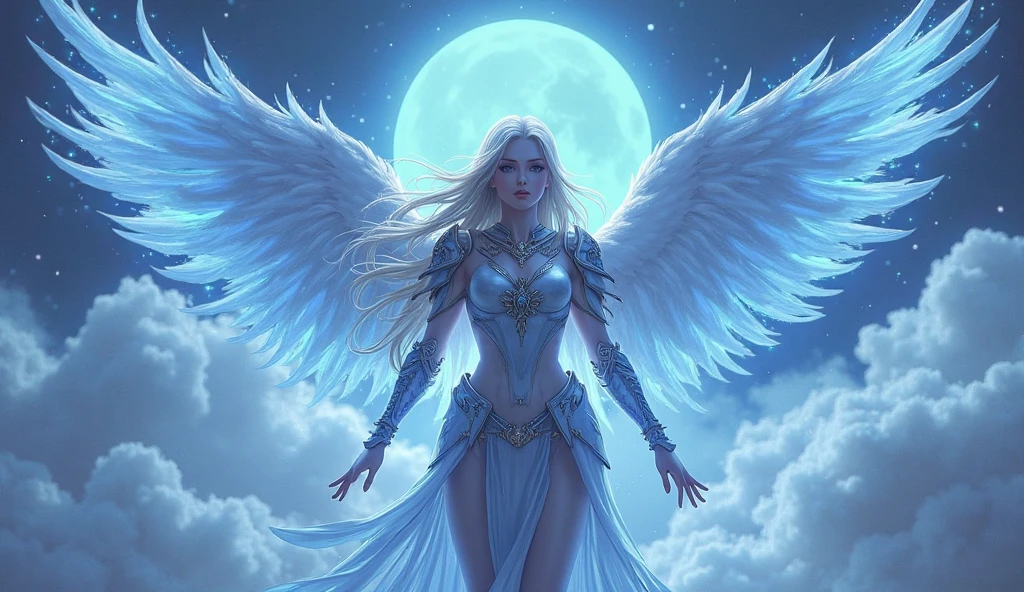 (Highly realistic image), Fantasy scene, Centerpiece, masterpiece, Ultra detailed, High quality, 4k, complex, expert, Center, (volumetric lighting), beautiful, dark masterpiece, (ultra detailed landscape), (sharp landscape), (sharp image), (dark scene), (dark atmosphere). Ultra-detailed Eurasian girl, 21 years old,angel, White angel, (2 majestic wings:1.5), (2 folded big wings:1.5), Black feather, (blue eyes:1.3), (long straight blond hair:1.3), (beautiful Big breasts), showing great cleavage, darkness, (charming smile:1.3), (blue halo:1.3), Evil creature, blue fire, (blue moon:1.5), (blue fire, blue flames in the land:1.5), (blue lightning in the sky:1.5), (thunderstorm), (waterfalls:1.5), (skull:1.3), blue thorn hair ornament, (white dress:1.5), (short slit bodycon white dress:1.5), (white Crown Her angel wings on her back and Angel halo give her an invincible aura), (standing in waterfalls in the destroyed land:1.3). (Naked body). (View viewer), (high angle), (cowboy shot), (upper half of the body:1.3), (sensual dynamic pose:1.3), (perfect slim body), (perfect anatomy), (perfect hand), Nice legs and hot body, more detail, realistic, Masterpiece