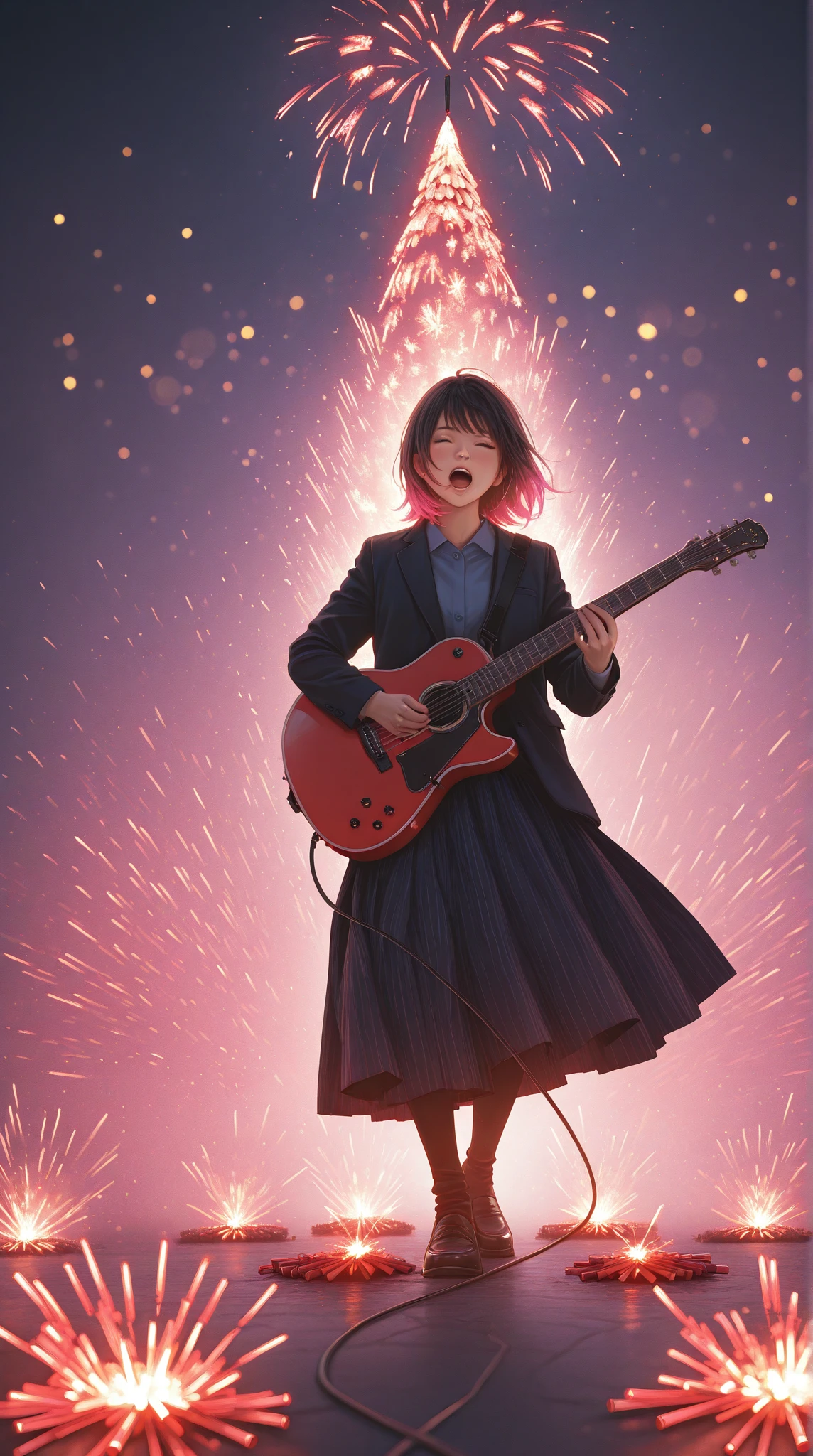 Chihiro playing a guitar on a giant UFO, Singing hamsters, Exploding firecrackers, high quality,4K, Very High Details ,Realistic,pictures,HDR, indoor lighting ,Extremely precise picture,Professional,Vibrant colors,Bokeh effect