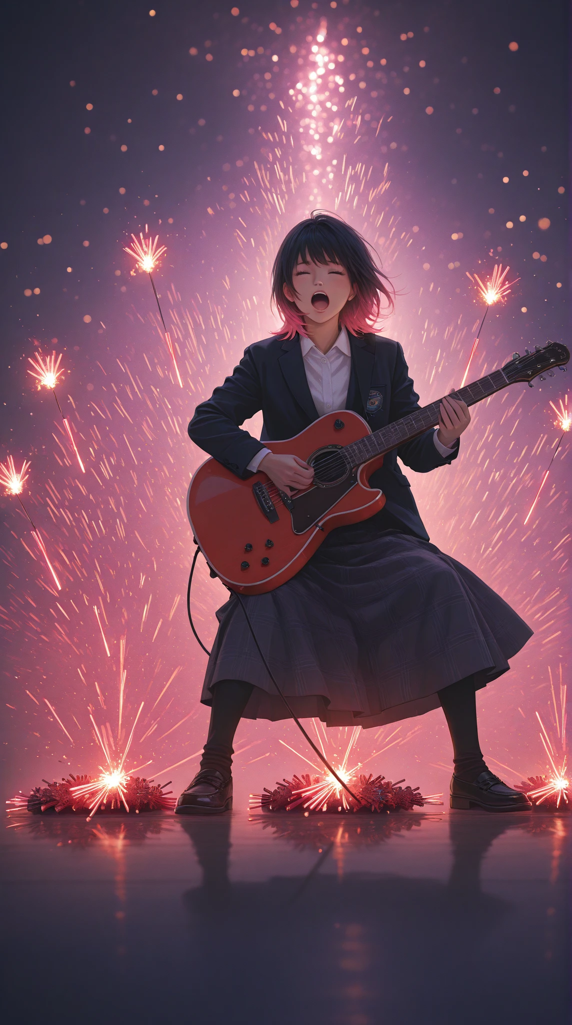 Chihiro playing a guitar on a giant UFO, Singing hamsters, Exploding firecrackers, high quality,4K, Very High Details ,Realistic,pictures,HDR, indoor lighting ,Extremely precise picture,Professional,Vibrant colors,Bokeh effect