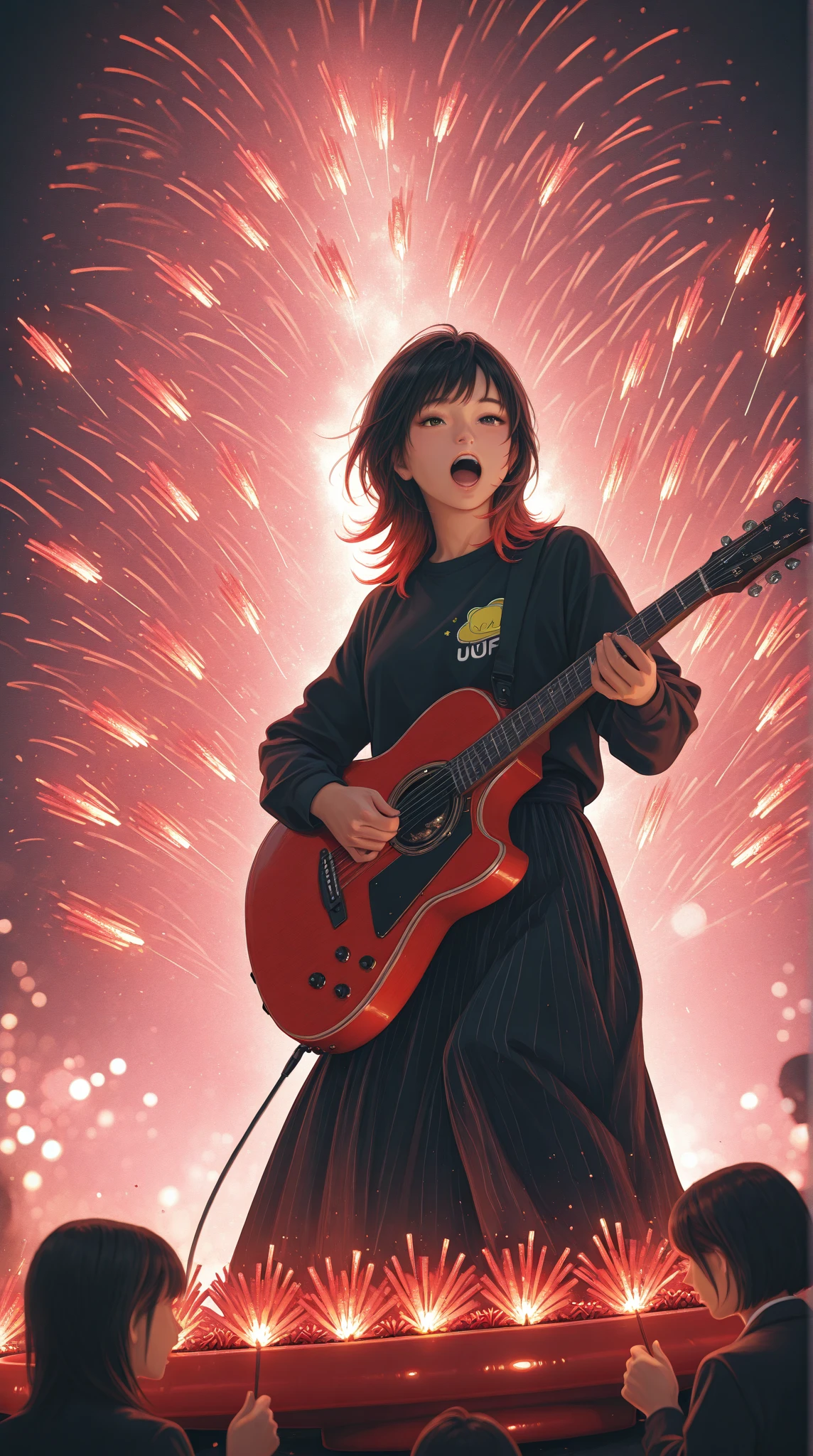 Chihiro playing a guitar on a giant UFO, Singing hamsters, Exploding firecrackers, high quality,4K, Very High Details ,Realistic,pictures,HDR, indoor lighting ,Extremely precise picture,Professional,Vibrant colors,Bokeh effect