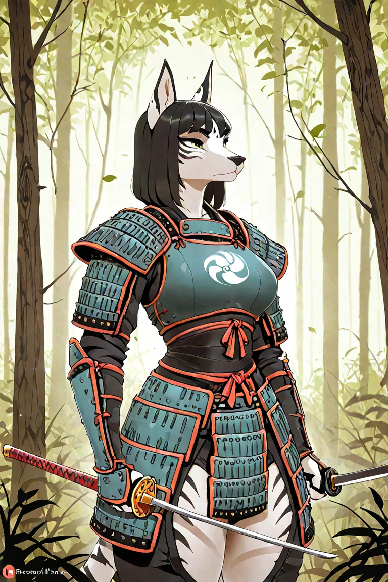 Hairy Protogen, Wide hips, stomach, beautiful, muscular, spongy, Hairy details, female, naked big breasts, samurai plate armor (shoulder pads and gauntlets), they mask, Samurai Pearls, katanas , kabuto helmet, traditional Japanese clothing, samurai sword