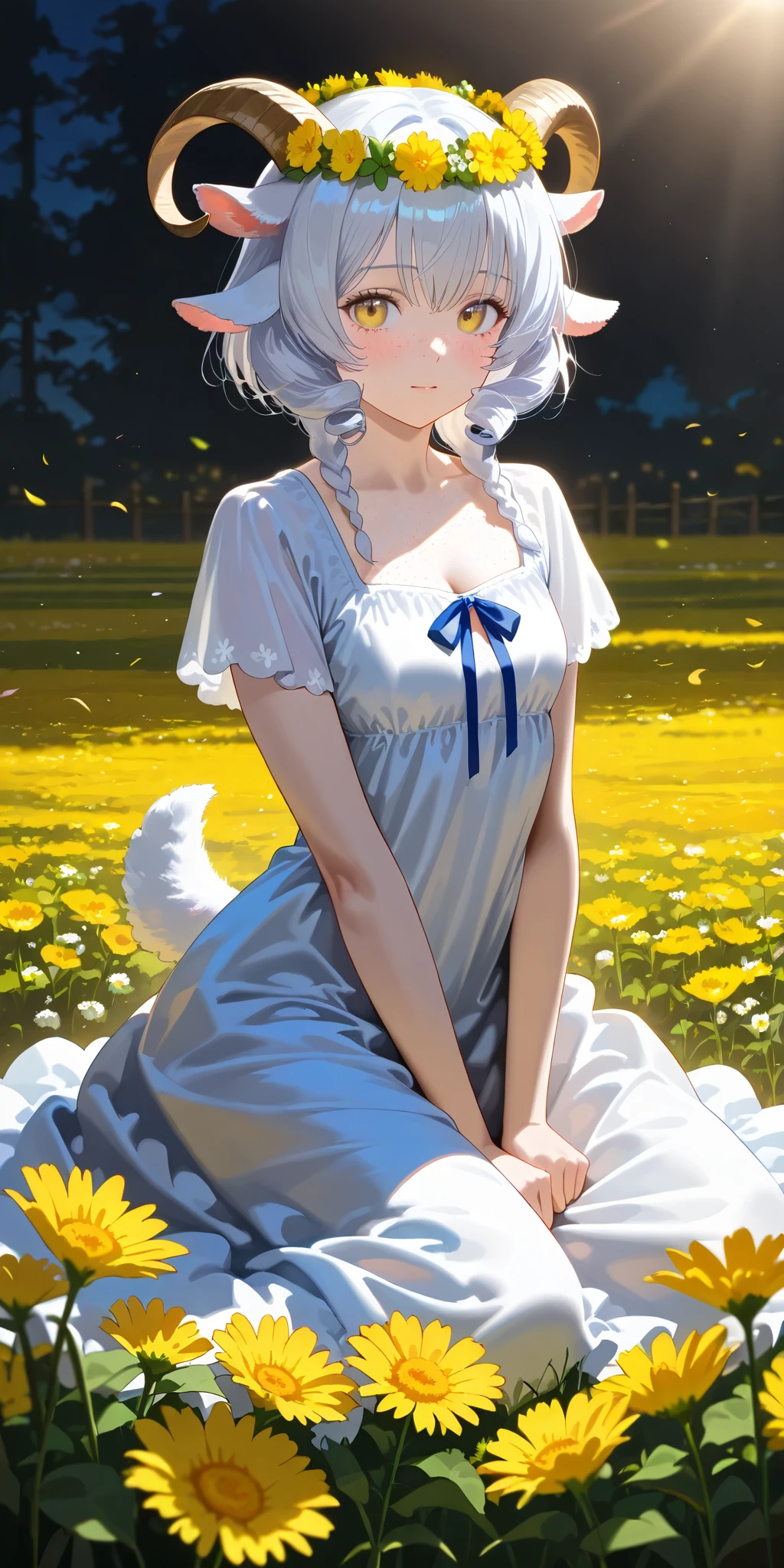 (High CT quality,4k,High resolution,mainpiece:1.2),(Very detailed,Realistic:1.37,Best quality,masterpiece, high resolution,on_body), (Tyndall effect,photorealistic, Edge lighting, Two-color lighting),(high definition skin:1.2), (8K UHD, DSLR quality, soft lighting, high quality, surround lighting, sincere, de 8K , 4K, 8K.) A village goat girl. white short goat horns grow on her head,little goat tail and fluffy goat ears. she has white skin covered with blush and freckles. She has short curly white hair and a bob haircut.She has purple-yellow eyes. She is wearing a white sundress with an open neck and breeches with long airy sleeves. She has a wreath of dandelions and clover on her head. Background : a sunny day in an endless field where many wildflowers such as clover, dandelions, daisies, lavender, bluebells and cornflowers bloom.