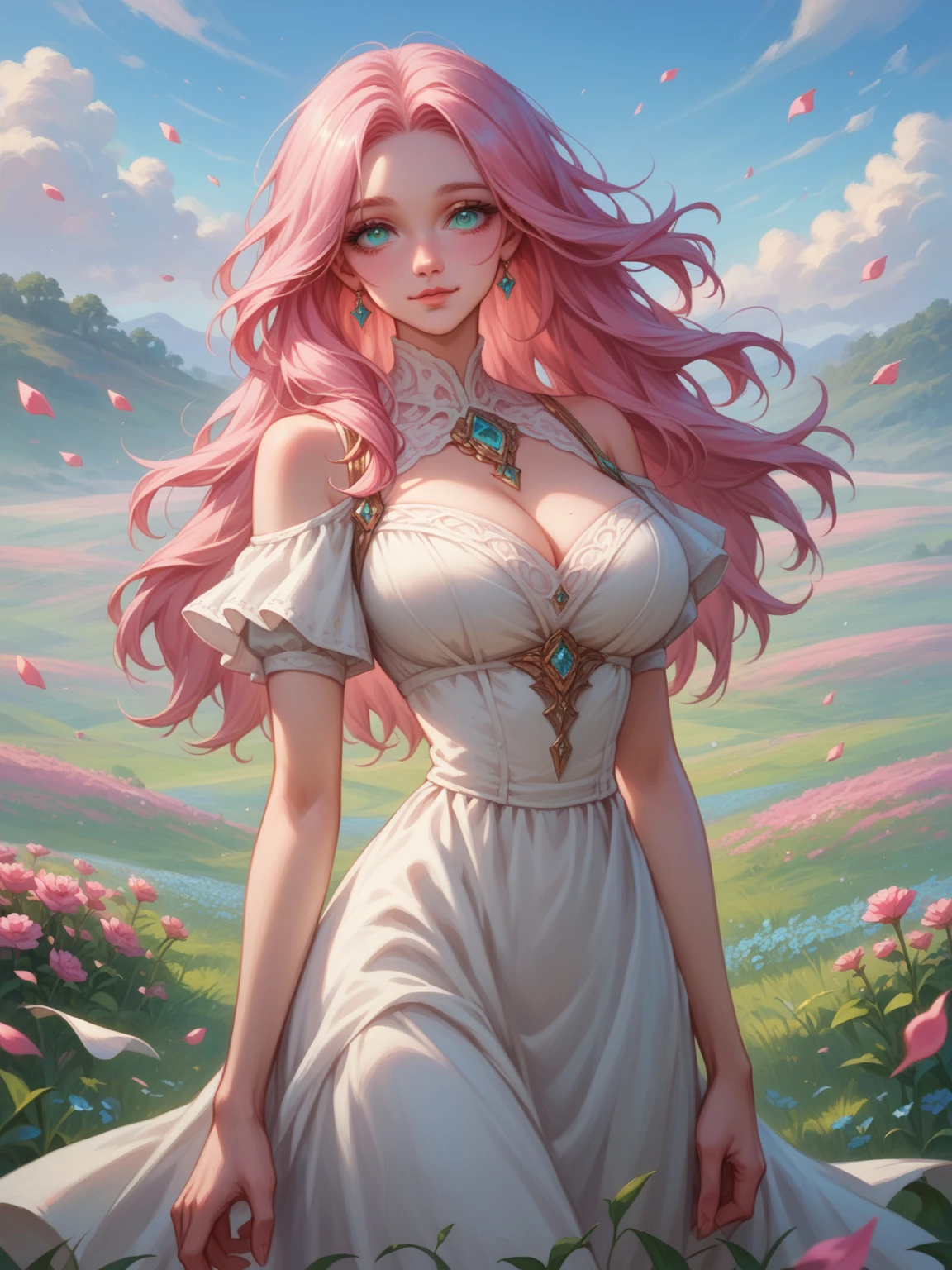 Convert your flower art into illustration.、Create backgrounds with vibrant colors and unique touches　The type of flower is statice、Gypsophila、sweet pea、Mix in some lace flowers, big breasts, cleavage, pink hair, green eyes, (green highlights), green braids, standing, contrapposto, sexy pose, thick thighs, thigh highs, lingerie, 

