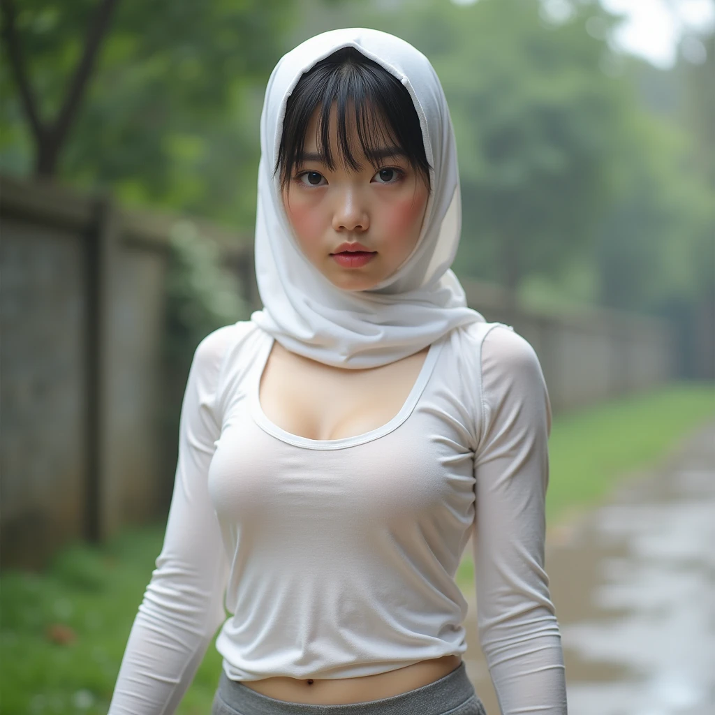 Young sweet beautiful Indonesian girl, 22 years old, slim body, georgeus face, wearing white thin one piece see through simple hijab, all her hairs covered by hijab, wearing white thin long sleeve buttoned transparent long strict t-shirt, wearing white see through thin strict trousers, no underwear, hairy vagina visible through and cast to her trousers, standing cheerful on Bogor city sidewalk going to the sport center, realistic, very detail,