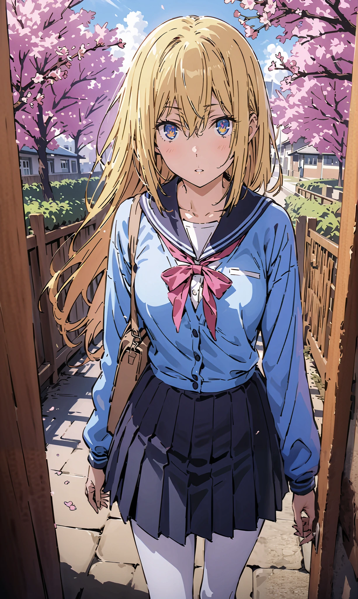 score_9, score_8_up, score_7_up, source_anime,Eyes Wallenstein, Eyes Wallenstein, blonde hair, hair between eyes, headband, long hair, , and the eyes are,Black sailor suit,long sleeve,blue cardigan,black pleated skirt,white pantyhose as if it were in the illustration,loafers,Student bag 1 :1,is walking,morning,cherry blossoms,School building,Trail,full bodyがillustrationsに入るように,break indoors,school gate,
break looking at viewer,full body,
break (masterpiece:1.2), best quality, high definition, Unity 8k 壁紙, (illustrations:0.8), (beautiful detailed eyes:1.6), Highly Detailed Face, so that it fits into the illustration, extremely detailed CG, (Perfect Hand, PERFECT ANATOMY),