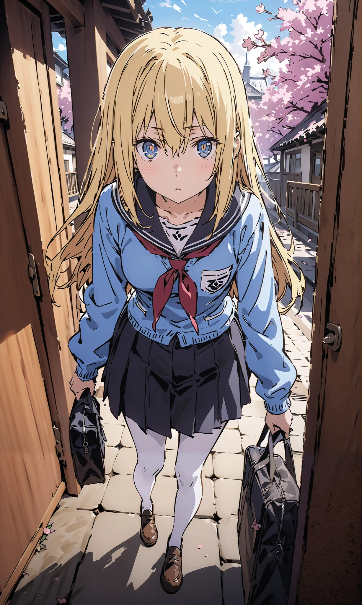 score_9, score_8_up, score_7_up, source_anime,Eyes Wallenstein, Eyes Wallenstein, blonde hair, hair between eyes, headband, long hair, , and the eyes are,Black sailor suit,long sleeve,blue cardigan,black pleated skirt,white pantyhose as if it were in the illustration,loafers,Student bag 1 :1,is walking,morning,cherry blossoms,School building,Trail,full bodyがillustrationsに入るように,break indoors,school gate,
break looking at viewer,full body,
break (masterpiece:1.2), best quality, high definition, Unity 8k 壁紙, (illustrations:0.8), (beautiful detailed eyes:1.6), Highly Detailed Face, so that it fits into the illustration, extremely detailed CG, (Perfect Hand, PERFECT ANATOMY),