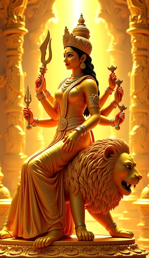 Indian Goddess Durga in brass sitting on a lion with both legs on one side.
