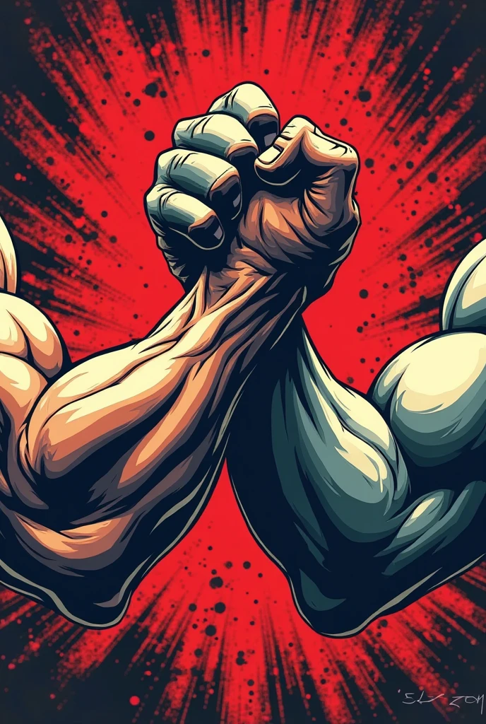 Strong fist arm wrestling in black and white color drawing on yellow background